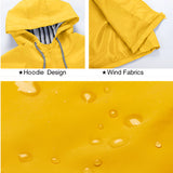 Yellow waterproof and windproof hoodie jacket with adjustable hood, featuring long sleeves and designed for outdoor protection and comfort.