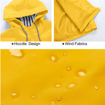 Yellow waterproof and windproof hoodie jacket with adjustable hood, featuring long sleeves and designed for outdoor protection and comfort.