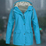 Light blue waterproof and windproof hoodie jacket with an adjustable hood, featuring long sleeves and a collar.