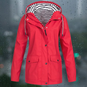 
A red, waterproof, windproof hoodie jacket in 5XL size featuring an adjustable hood, visible collar, and full-length sleeves.