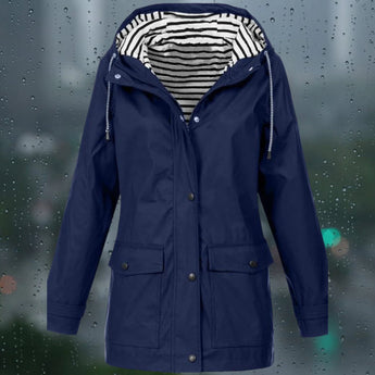 Yellow waterproof windproof hoodie jacket with adjustable hood in dark blue, featuring a collar and long sleeves, designed for outerwear use, size 5XL.