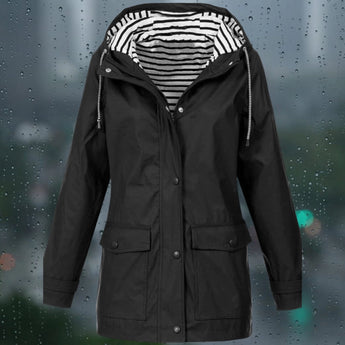 Black waterproof and windproof hoodie jacket with adjustable hood, designed for a 5XL fit, featuring long sleeves and a high collar.