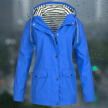 Blue waterproof windproof hoodie jacket with adjustable hood, featuring long sleeves and a collar, designed for outerwear protection.