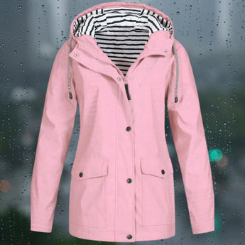 Pink waterproof windproof hoodie jacket with adjustable hood, featuring long sleeves and a high collar, designed for outdoor use.