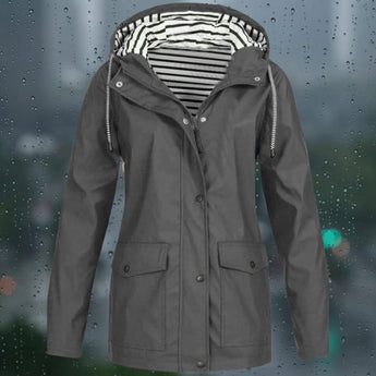 Gray 5XL waterproof and windproof hoodie jacket featuring an adjustable hood, long sleeves, and a high neck collar, designed for outerwear protection.