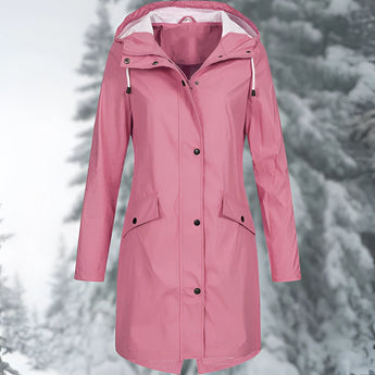 A rose-colored women's waterproof hooded raincoat in size 2XL, featuring a lightweight and breathable design with long sleeves and a protective collar.