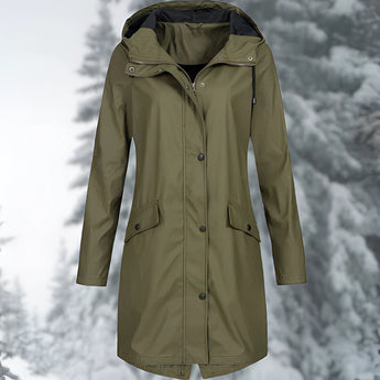 
A green women's waterproof hooded raincoat, size 2XL, featuring a lightweight and breathable design with long sleeves and a collar.