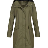 Army Green Women's Waterproof Hooded Long Raincoat in size 2XL, featuring long sleeves, buttons, and a stylish collar.