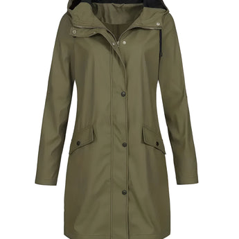 Army Green Women's Waterproof Hooded Long Raincoat in size 2XL, featuring long sleeves, buttons, and a stylish collar.