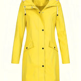 Yellow women's waterproof hooded long raincoat in 2XL, lightweight and stylish with long sleeves and a collared neck.