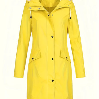 Yellow women's waterproof hooded long raincoat in 2XL, lightweight and stylish with long sleeves and a collared neck.