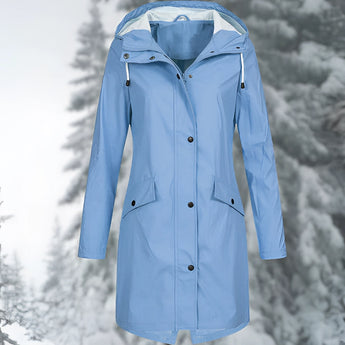
Blue women's waterproof hooded raincoat in 2XL size, featuring a lightweight and breathable design with long sleeves and a high collar.
