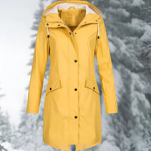 Yellow women's waterproof hooded raincoat in size 2XL, featuring a lightweight and breathable design with long sleeves and a protective collar.
