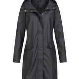 Yellow women's waterproof hooded long raincoat, lightweight and stylish, with a front button closure, long sleeves, and a collar.
