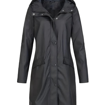 Yellow women's waterproof hooded long raincoat, lightweight and stylish, with a front button closure, long sleeves, and a collar.