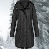 Yellow women's waterproof hooded raincoat in black, size 2XL, featuring long sleeves, a stylish collar, and lightweight, breathable textile material.