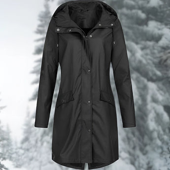 Yellow women's waterproof hooded raincoat in black, size 2XL, featuring long sleeves, a stylish collar, and lightweight, breathable textile material.
