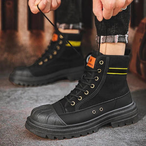 Youth urban black combat boots with neon stripe detail and contrast stitching, showcasing cool fashion design.