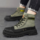 Youth urban black combat boots featuring a striking neon stripe and contrast stitching, designed for outdoor use.