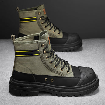 Youth urban black combat boots featuring a neon green stripe and contrast stitching, shown in size 47.