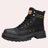 Youth Urban Black Combat Boots with Neon Stripe and Contrast Stitching, featuring a rugged design suitable for outdoor activities, highlighted by electric blue accents and stylish stitching, blending elements of sportswear and fashion.