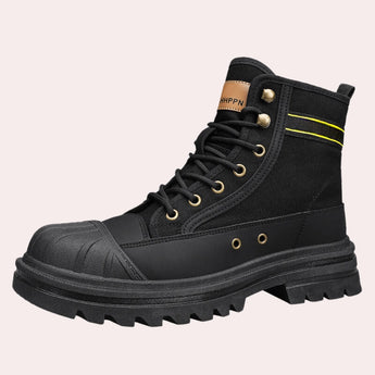 Youth Urban Black Combat Boots with Neon Stripe and Contrast Stitching, featuring a rugged design suitable for outdoor activities, highlighted by electric blue accents and stylish stitching, blending elements of sportswear and fashion.