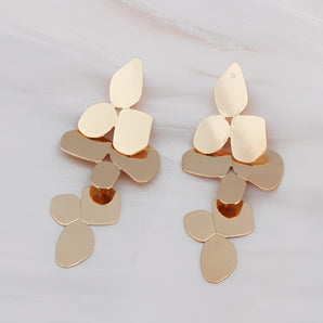 Gold Petal Geometric Drop Earrings with chic design, perfect for wedding and evening wear, featuring petal and circle shapes.