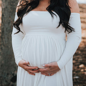 Avencea Maternity Maxi Photoshoot Dresses, Elegant Off-Shoulder Bandeau Dress in White, Stylish Polyester Model with Boat Neck and Long Sleeves