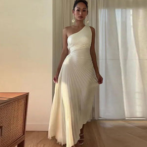 Avencea - Elegant Pleated Dress with Asymmetrical Hem
