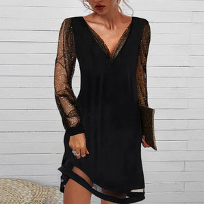 Avencea - Elegant dress with V-neck and long sleeves