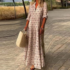 Avencea - Casual Long-Sleeved Dress with V-Neck