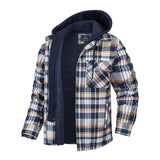 Voorkant blauw zwarte geruite jas met capuchon voor heren