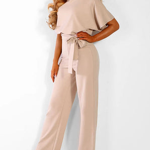 Avencea Overall with Ruffle Belt, Short Sleeves, Elegant Woman
