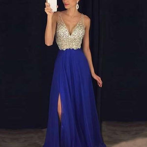 Avencea Long Dress with Flowing V-Neck, Side Sequin Slit, Elegant