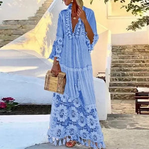 Long dress with lace, tassels, and fringes