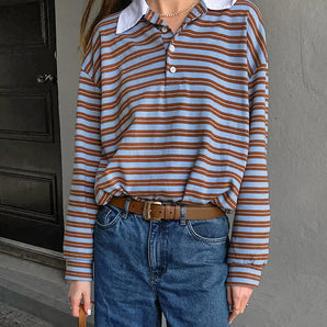 Avencea Retro Long Sleeve Striped T-Shirt in Loose Fit