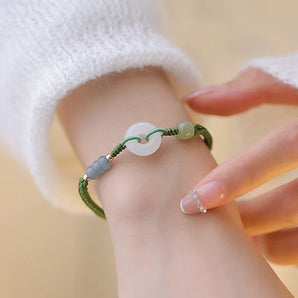 Adjustable Green Jade Bracelet - Jade Jewelry, Circle Charm, Knotted String