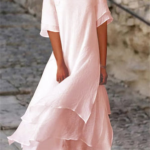 Avencea - Double-layered Slit Short-sleeve Dress with Round Neckline
