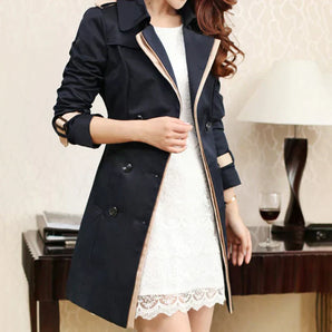 Avencea - Long Designer Trench Coat with Double-Breasted Button Placket and Classic Contrast Stitching