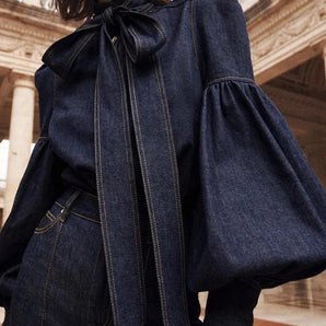 Avencea - Denim Blouse with Puff Sleeves
