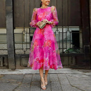 Avencea - Dress with Floral Pattern and Puff Sleeves