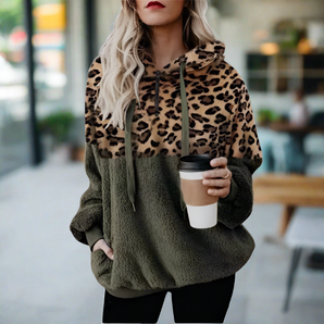 Avencea – Casual, Solid Color Plush Hoodie with Pocket and Leopard Print