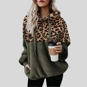 Avencea – Casual, Solid-Color Plush Hoodie with Pocket and Leopard Print