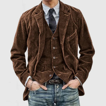 Voorkant blauwe vintage corduroy jack voor heren