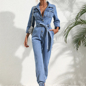 Casual Denim Jumpsuit with Belt and Long Sleeves for Women – Versatile