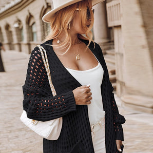 Avencea with Pockets in Cut-Out Style and Longer Length – Elegant, Acrylic, Long Sleeve, Solid Color, Casual