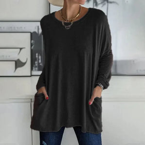 Avencea - Long Sleeve Tunic Top with Pocket Loose Round Neck
