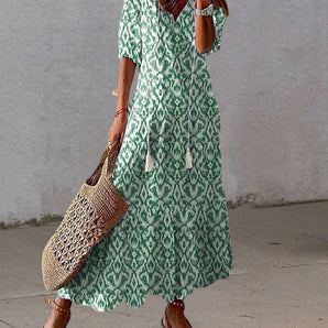 Avencea Printed Maxi Dress with V-Neck and Lantern Sleeves