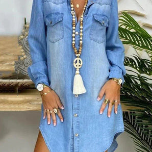 Avencea - Long-Sleeved, Loose Denim Shirt Dress Made from High-Quality Fabric
