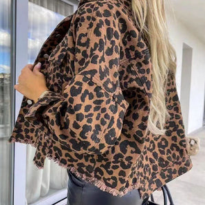 Avencea - Long Sleeve Denim Jacket in Leopard Pattern